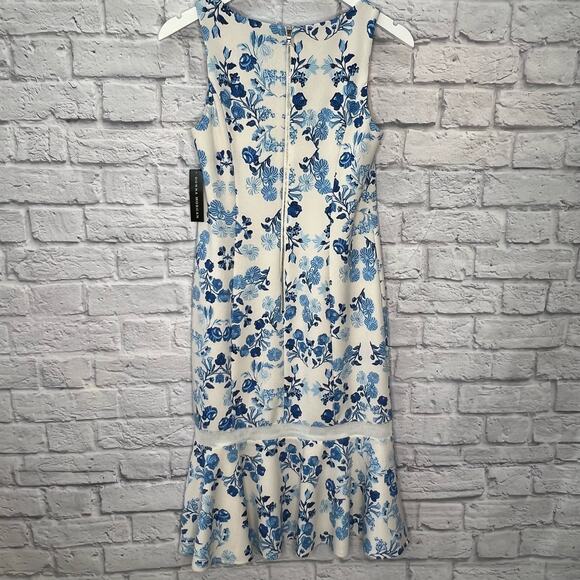 Donna Morgan White Blue Floral Sleeveless Scuba Tea Dress Size 4 New - Picture 6 of 6